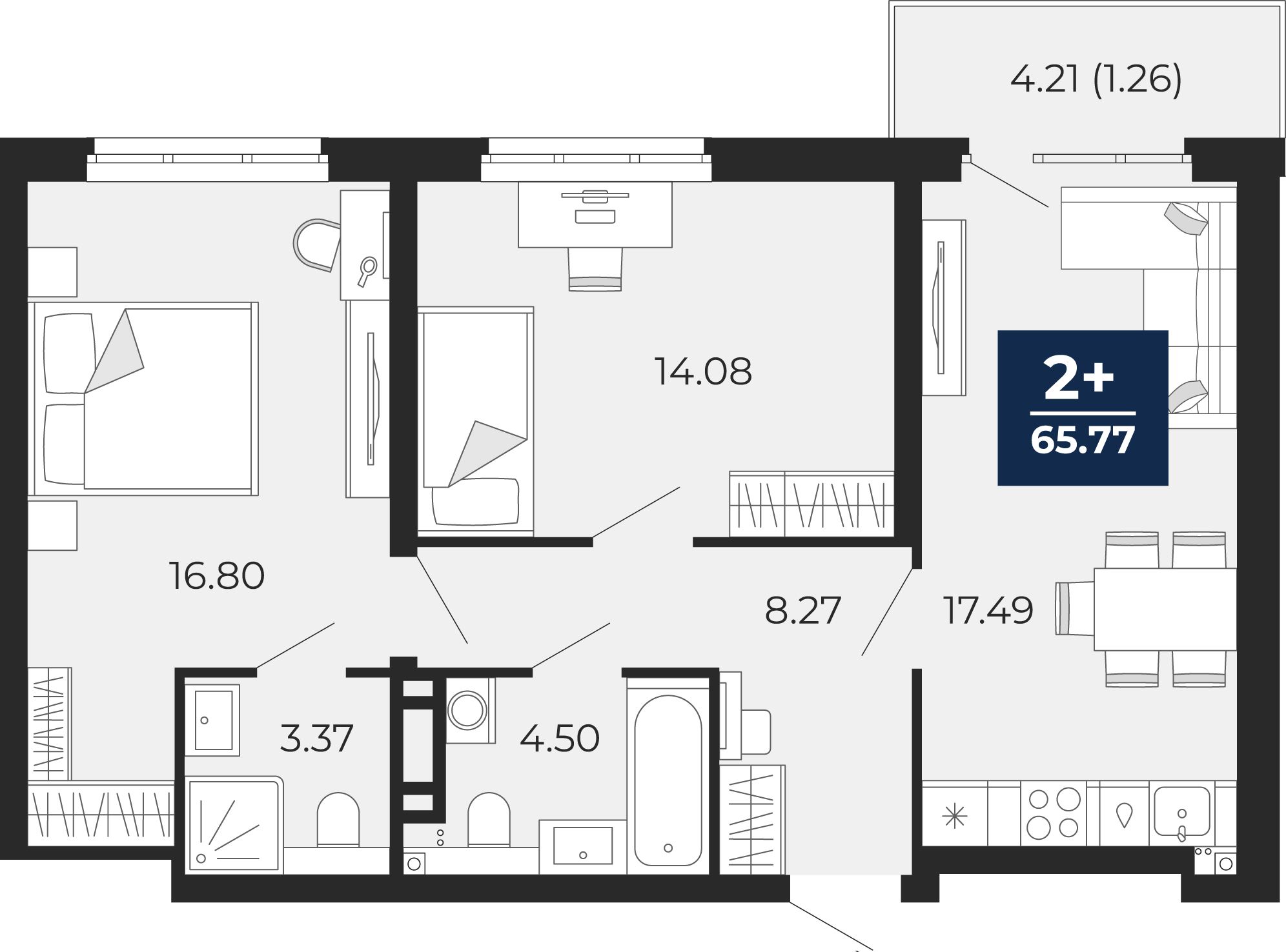 Планировка: Евротрешка 68.7 м² в ЖК Прео, Тюменская слобода