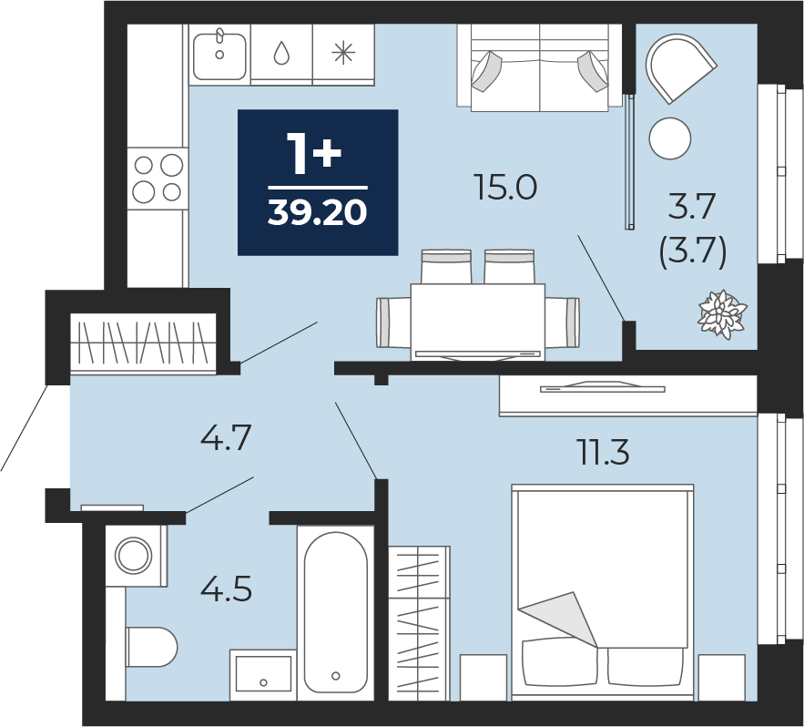 Планировка: Евродвушка 39.2 м² в ЖК Мириады, Мыс