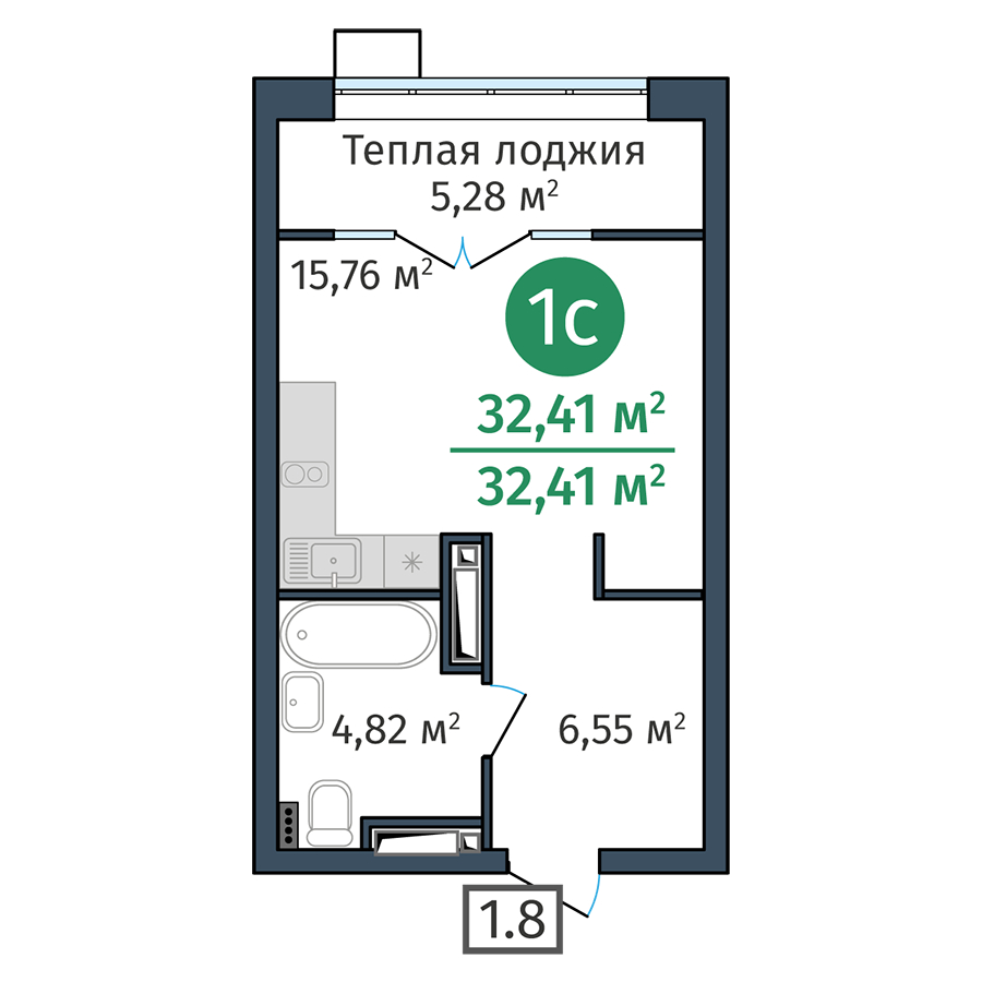 Планировка: Студия 32.4 м² в ЖК DOK, ДОК