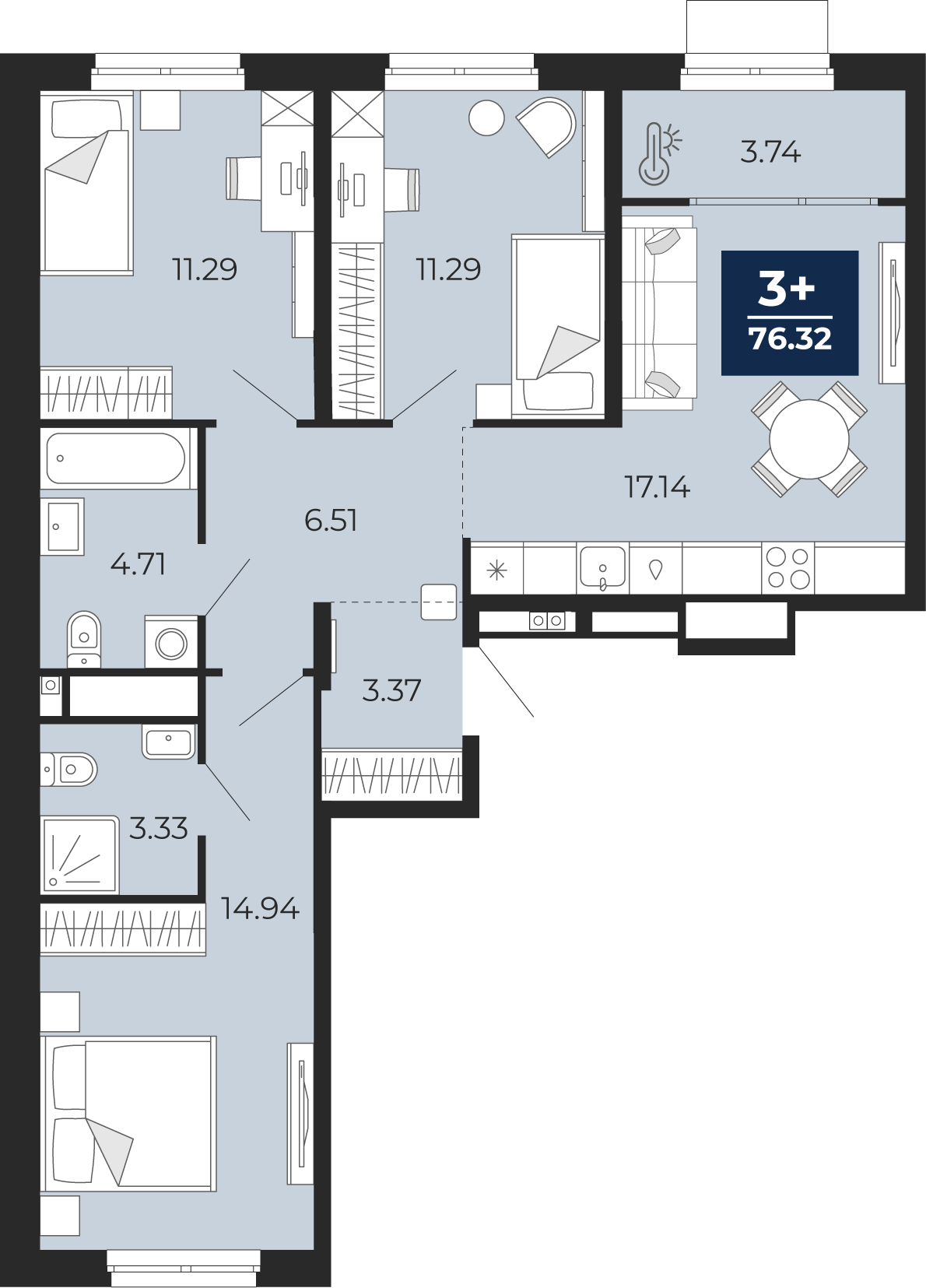 Планировка: 4-комнатная евро 76.3 м² в ЖК Мириады, Мыс