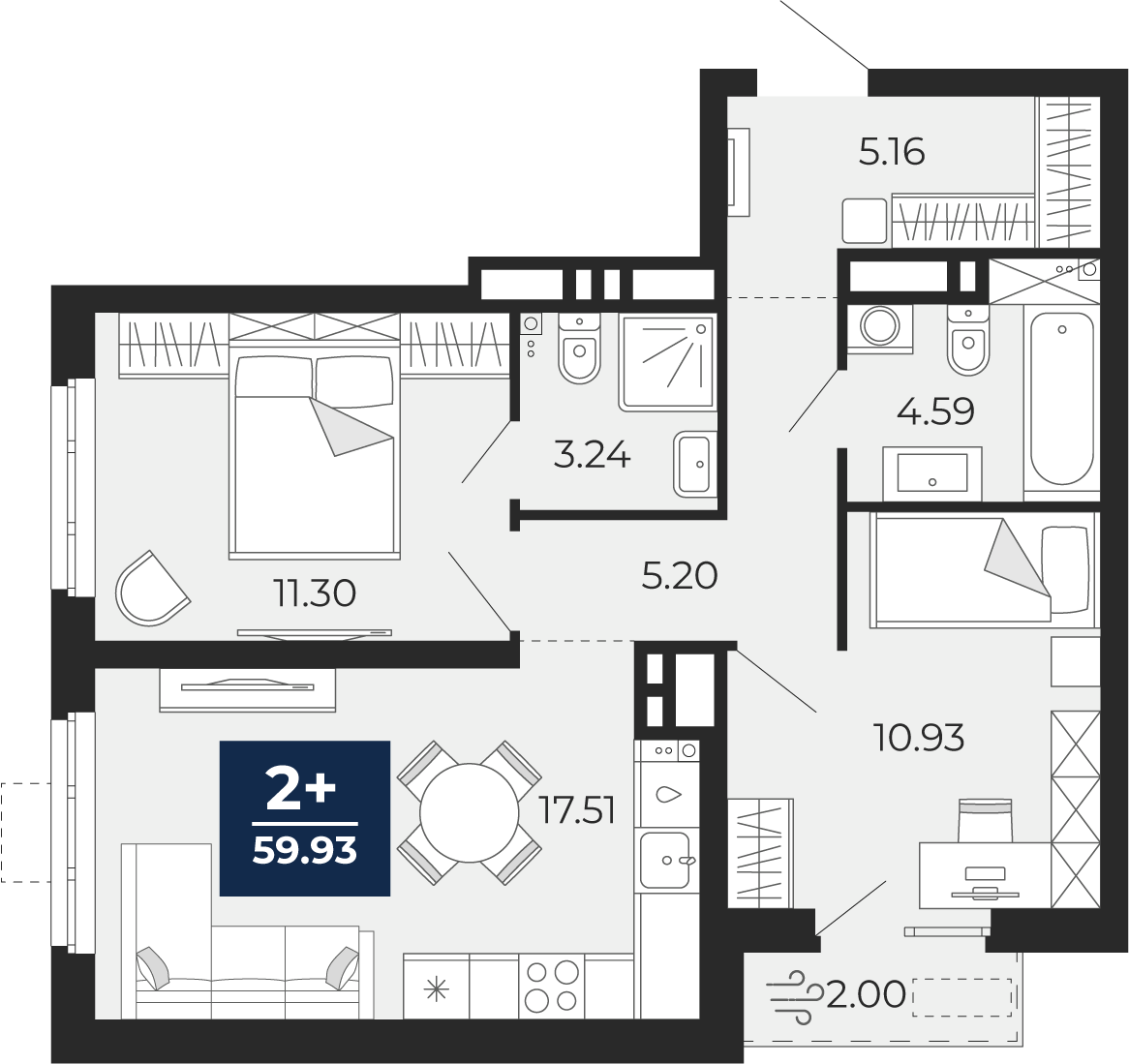Планировка: Евротрешка 59.9 м² в ЖК Мириады, Мыс