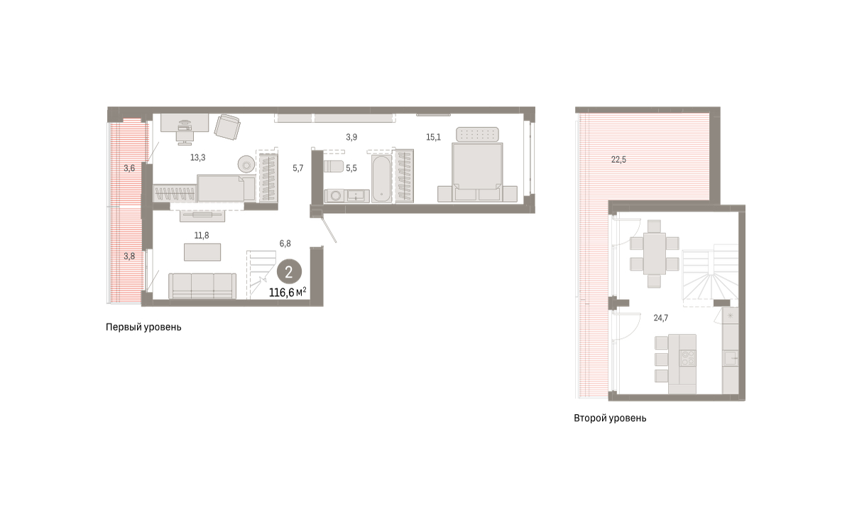 Планировка: 2-комнатная 116.6 м² в ЖК Республики 205, Центр: КПД