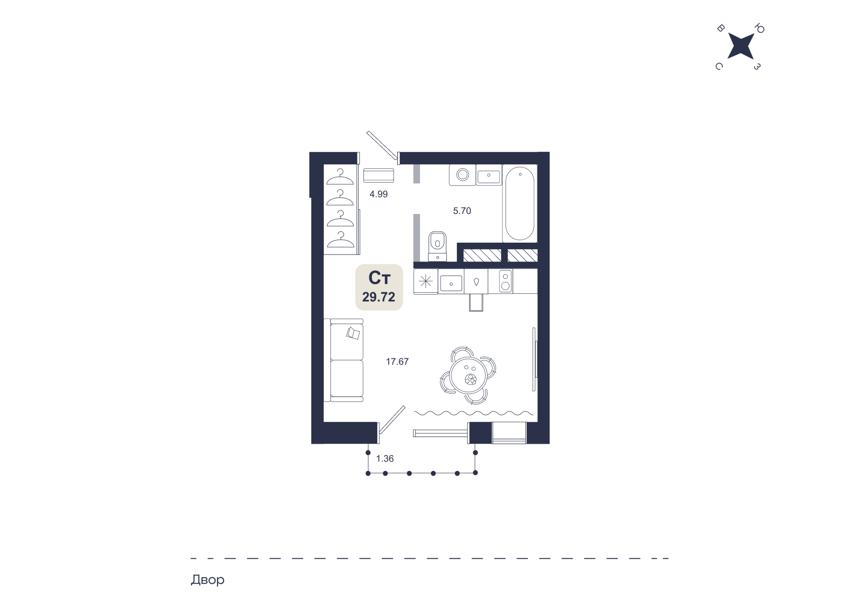 Планировка: Студия 29.7 м² в ЖК Хито, От Слободы до Комарово парк