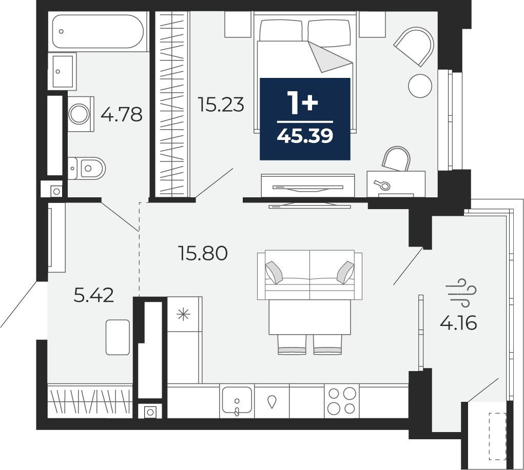 Планировка: Евродвушка 45.4 м² в ЖК Мириады, Мыс