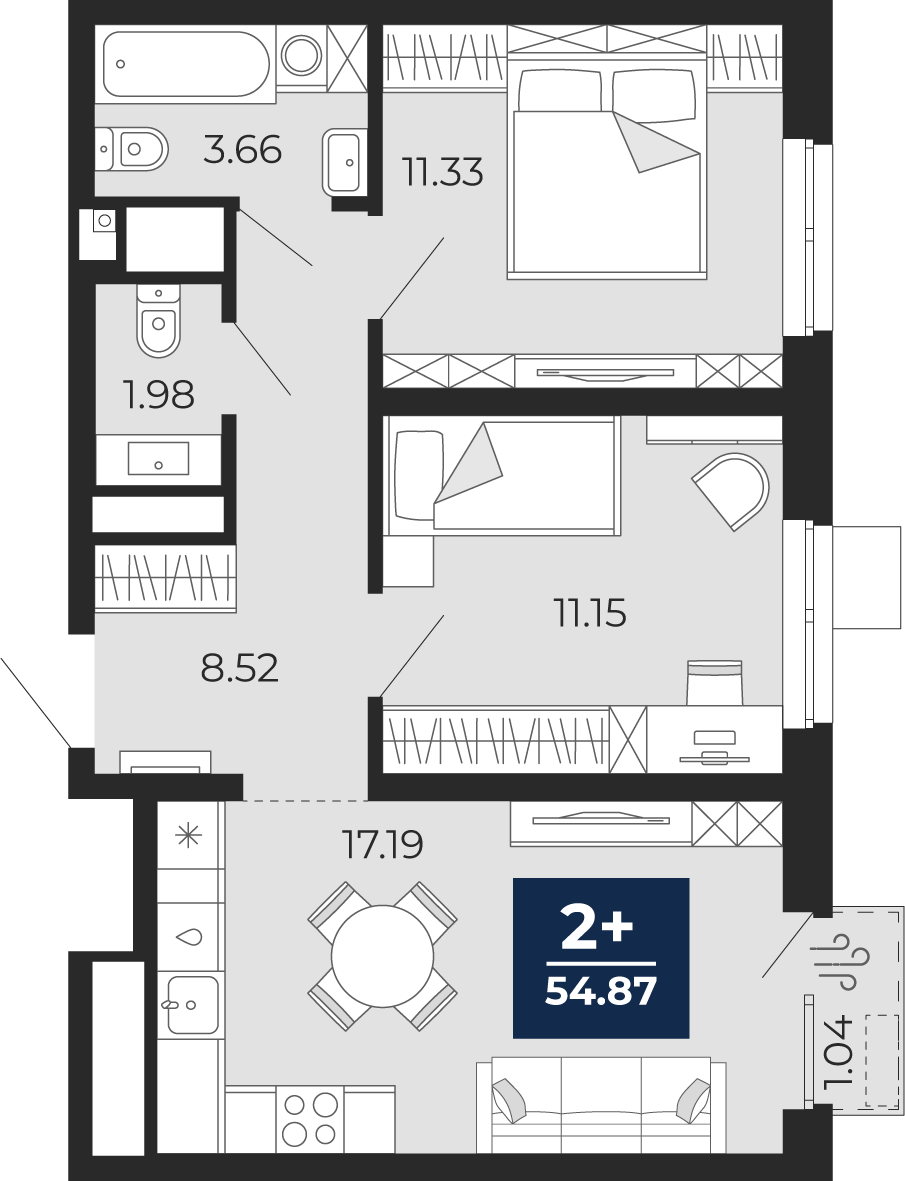 Планировка: Евротрешка 54.9 м² в ЖК Мириады, Мыс