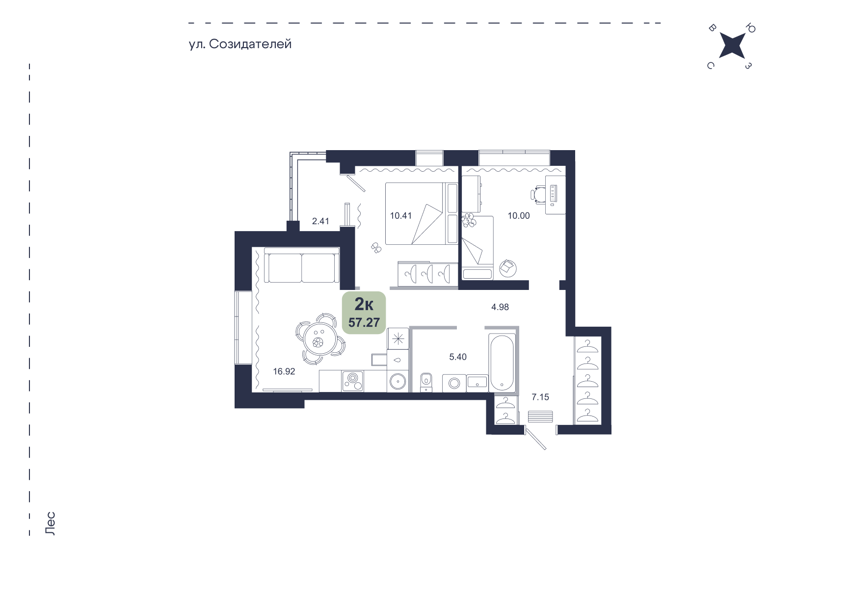 Планировка: Евротрешка 57.3 м² в ЖК Хито, От Слободы до Комарово парк