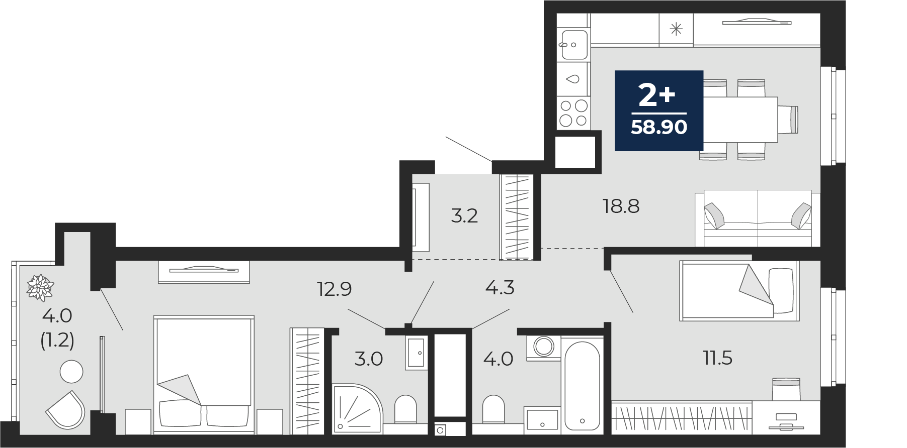 Планировка: Евротрешка 61.7 м² в ЖК Мириады, Мыс