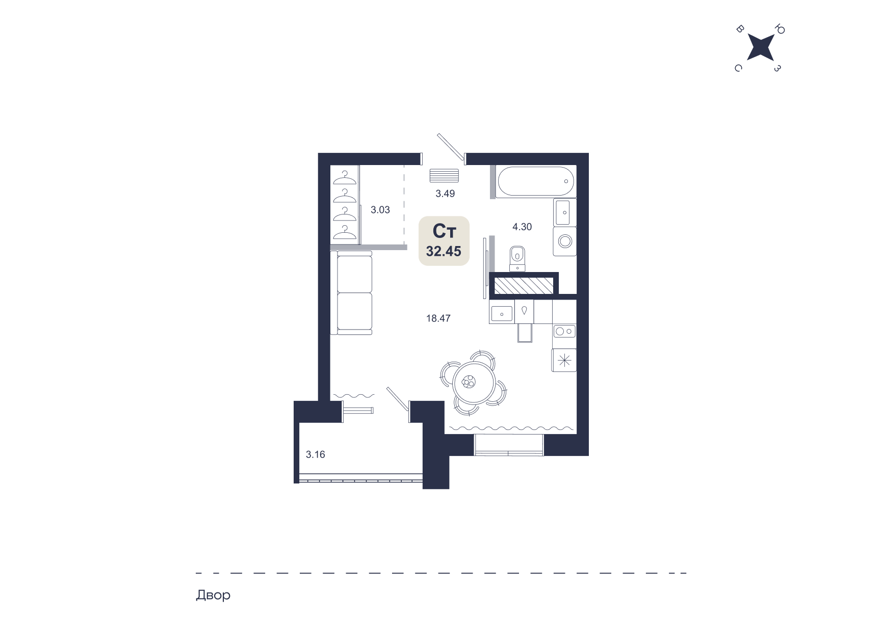 Планировка: Студия 32.5 м² в ЖК Хито, От Слободы до Комарово парк