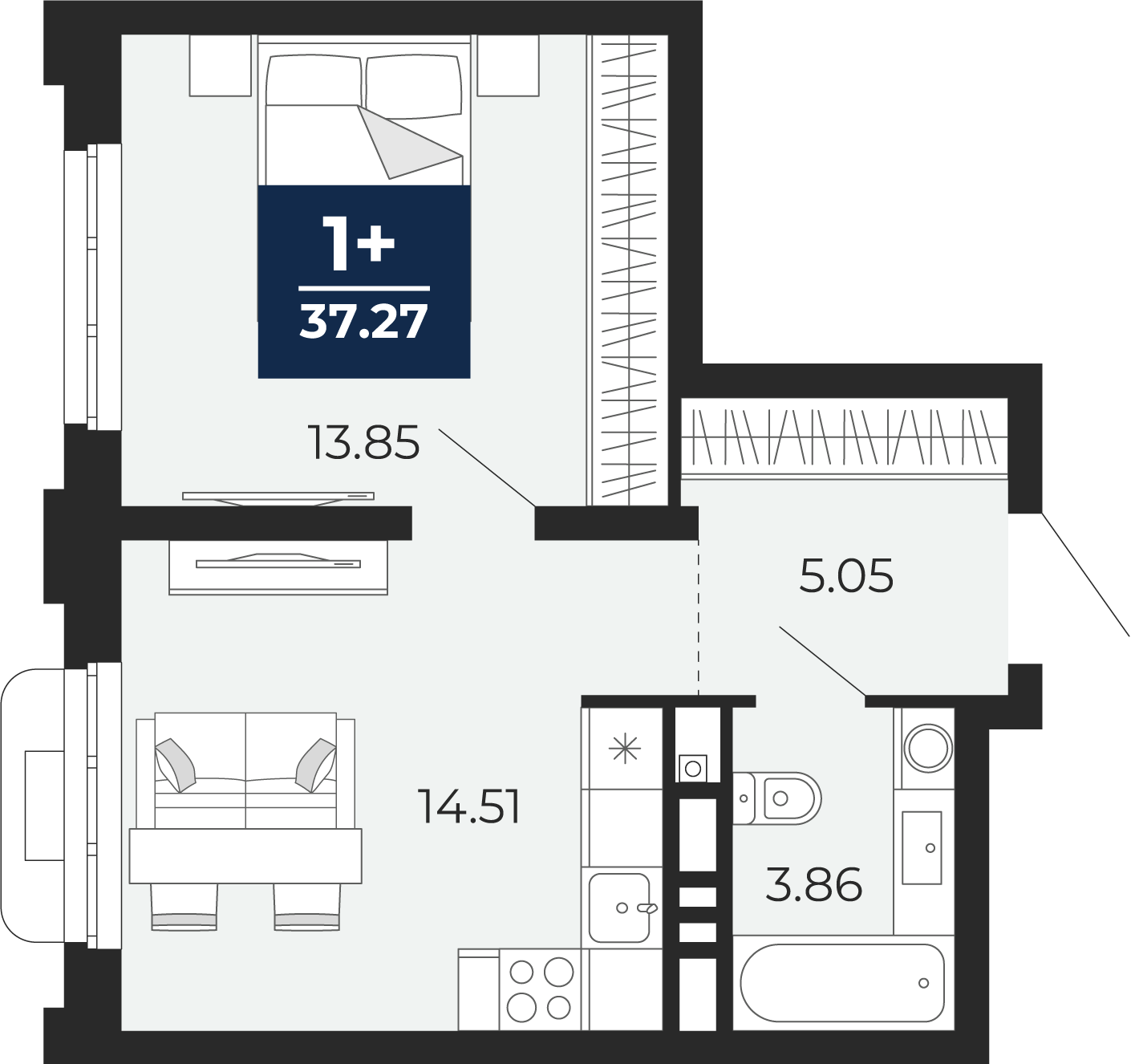 Планировка: Евродвушка 37.3 м² в ЖК Айвазовский, 5-й Заречный