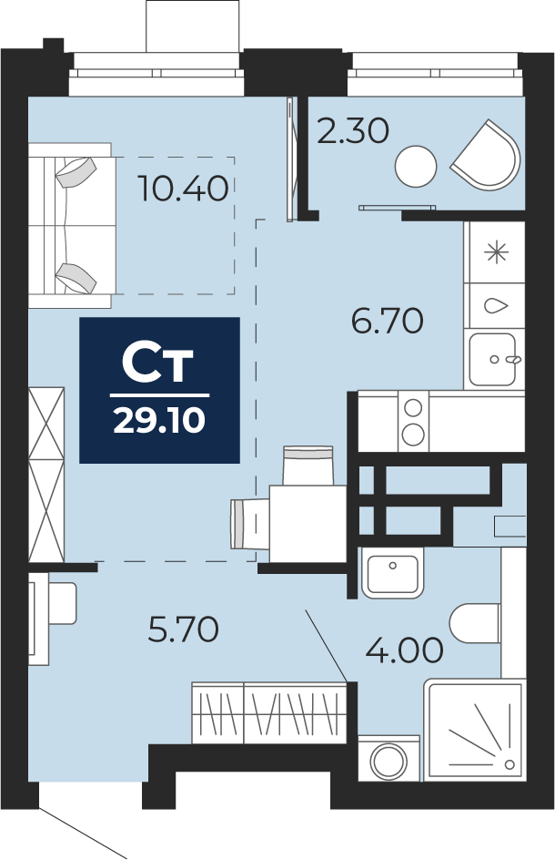 Планировка: Студия 29.1 м² в ЖК Айвазовский, 5-й Заречный
