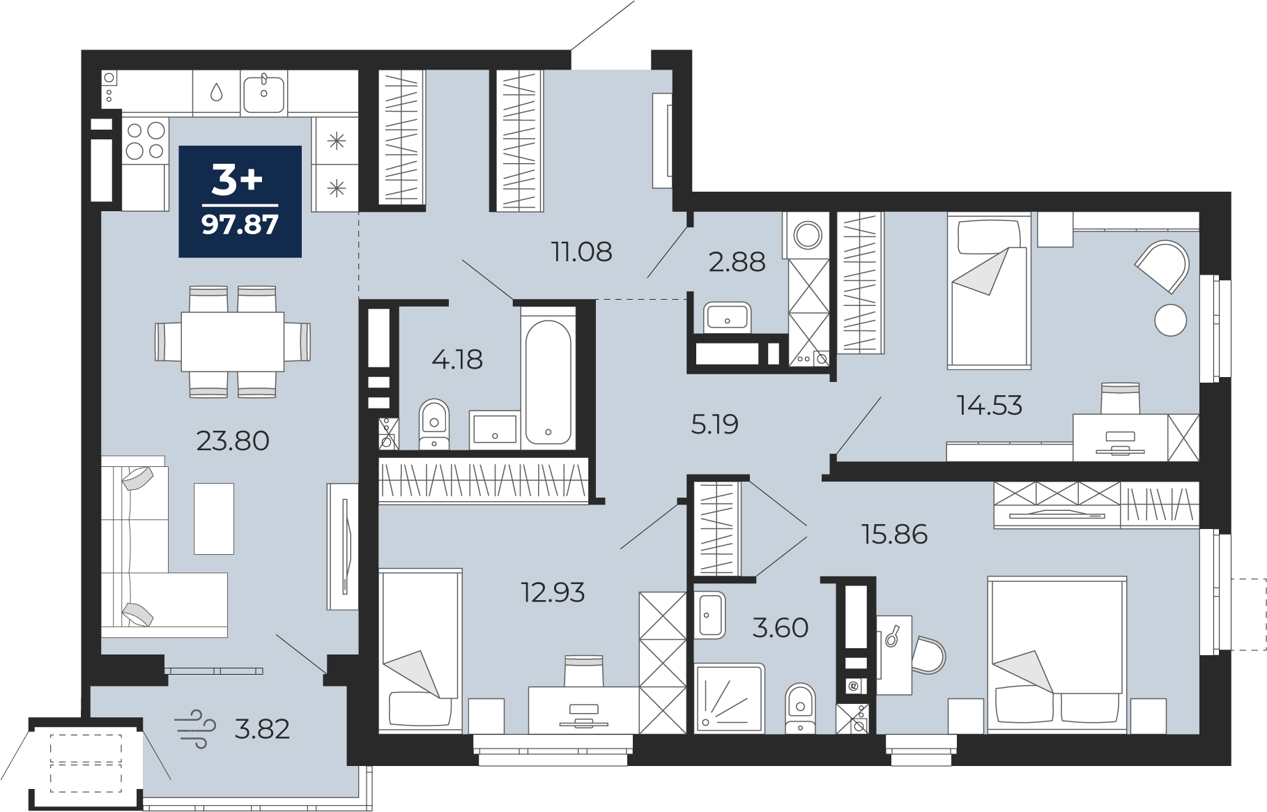 Планировка: 4-комнатная евро 97.9 м² в ЖК Мириады, Мыс
