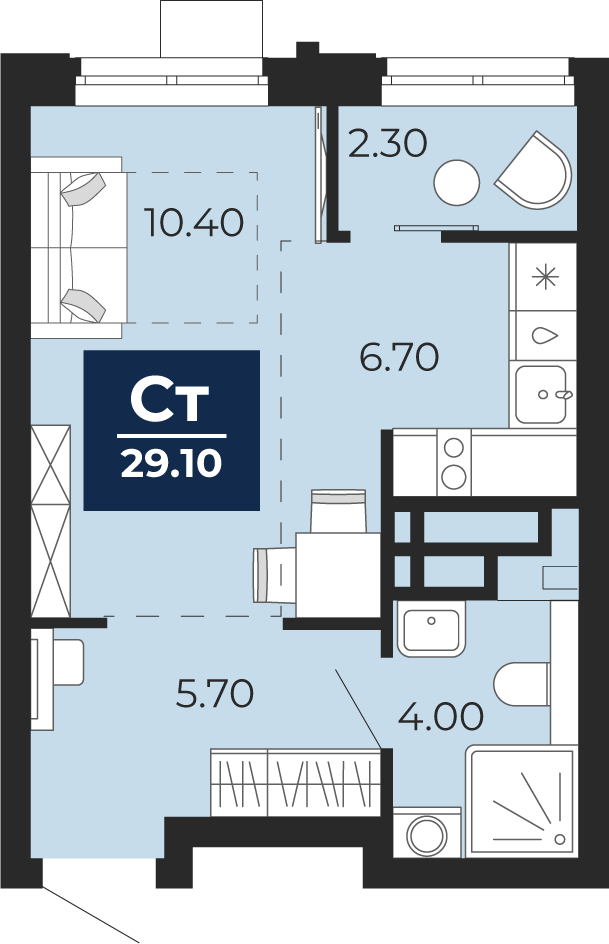 Планировка: Студия 29.1 м² в ЖК Айвазовский, 5-й Заречный