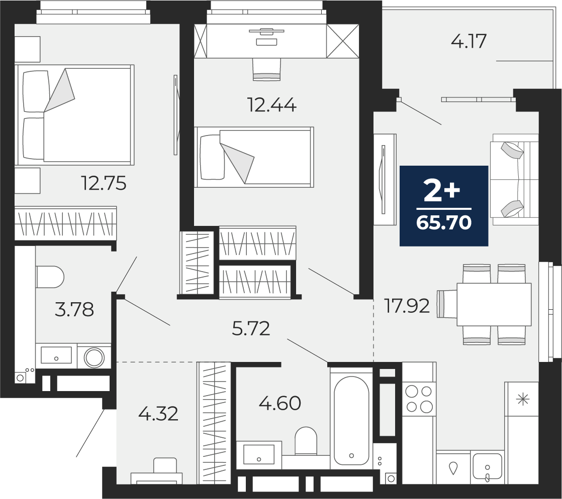 Планировка: Евротрешка 65.7 м² в ЖК Прео, Тюменская слобода