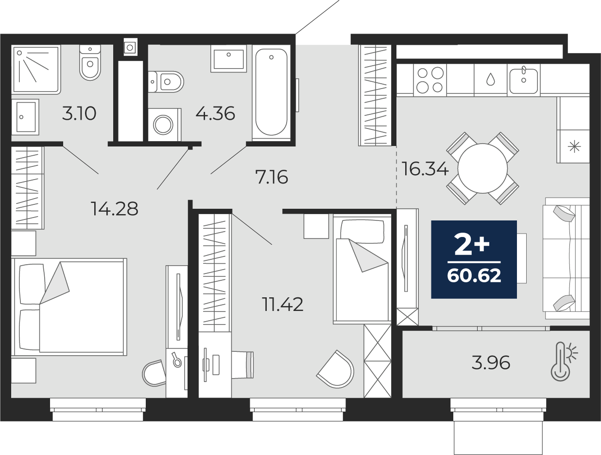 Планировка: Евротрешка 60.6 м² в ЖК Мириады, Мыс