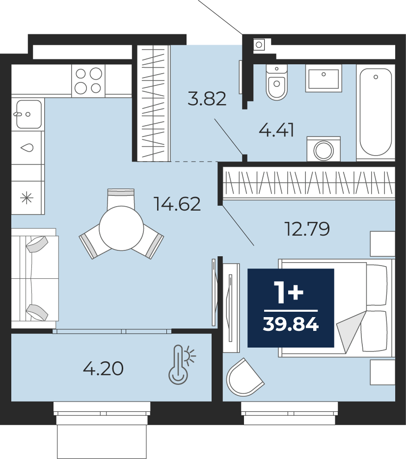 Планировка: Евродвушка 39.8 м² в ЖК Мириады, Мыс