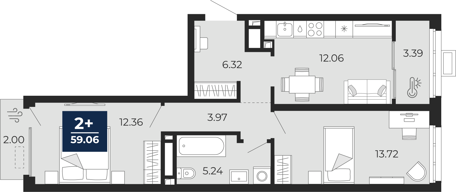 Планировка: 2-комнатная 59.1 м² в ЖК Беринг, Лесобаза