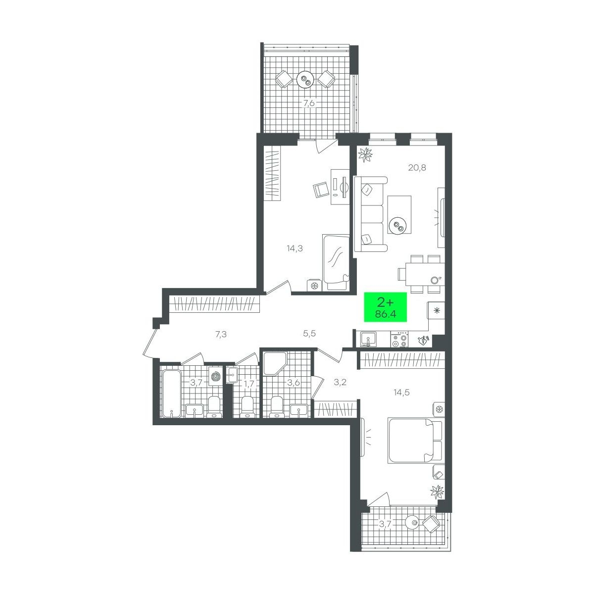 Планировка: 2-комнатная 86.4 м² в ЖК Сезоны, От Слободы до Комарово парк