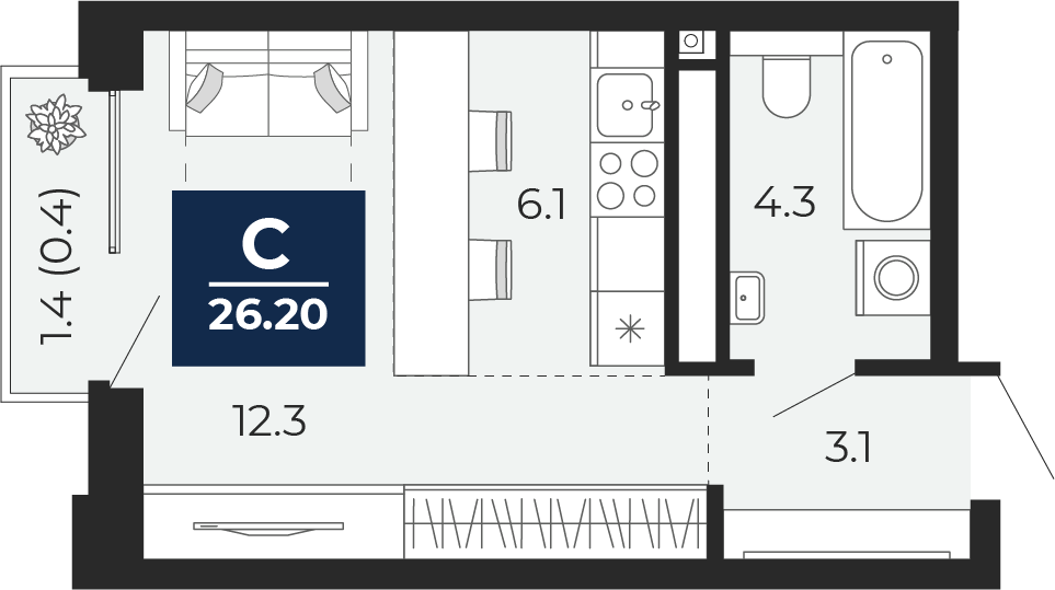 Планировка: Студия 27.2 м² в ЖК Мириады, Мыс