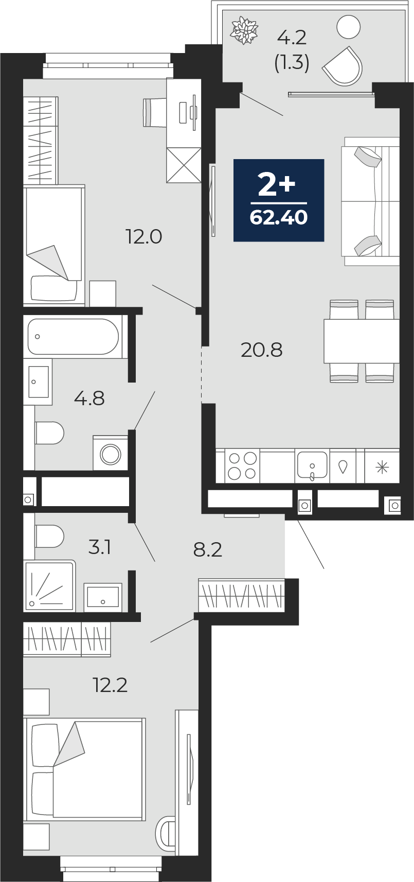 Планировка: Евротрешка 65.3 м² в ЖК Мириады, Мыс