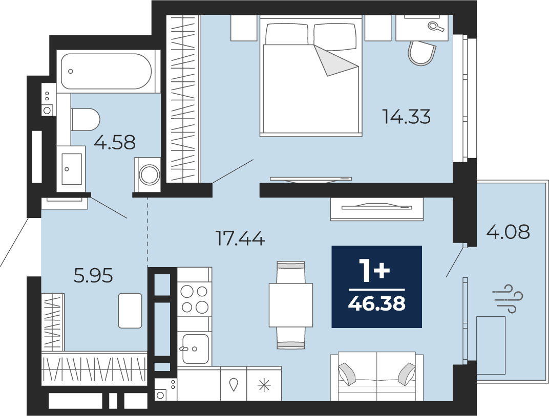 Планировка: Евродвушка 46.4 м² в ЖК Прео, Тюменская слобода