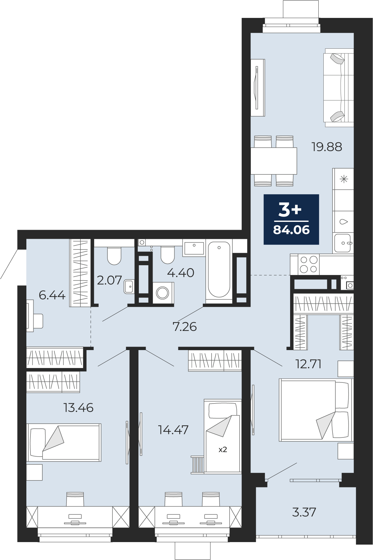 Планировка: 4-комнатная евро 84.1 м² в ЖК Прео, Тюменская слобода