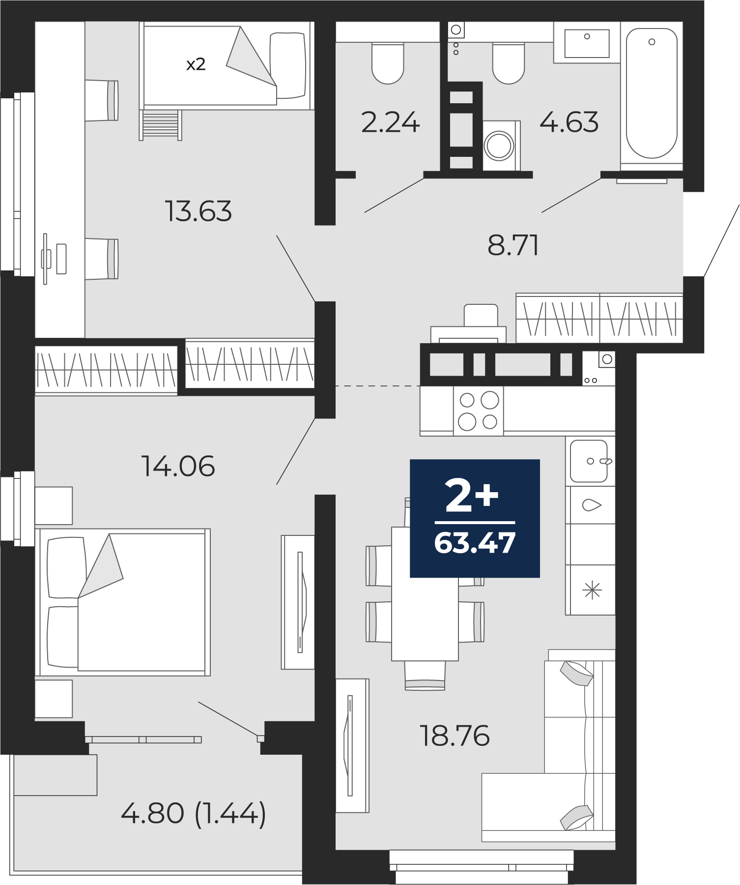 Планировка: Евротрешка 66.8 м² в ЖК Прео, Тюменская слобода
