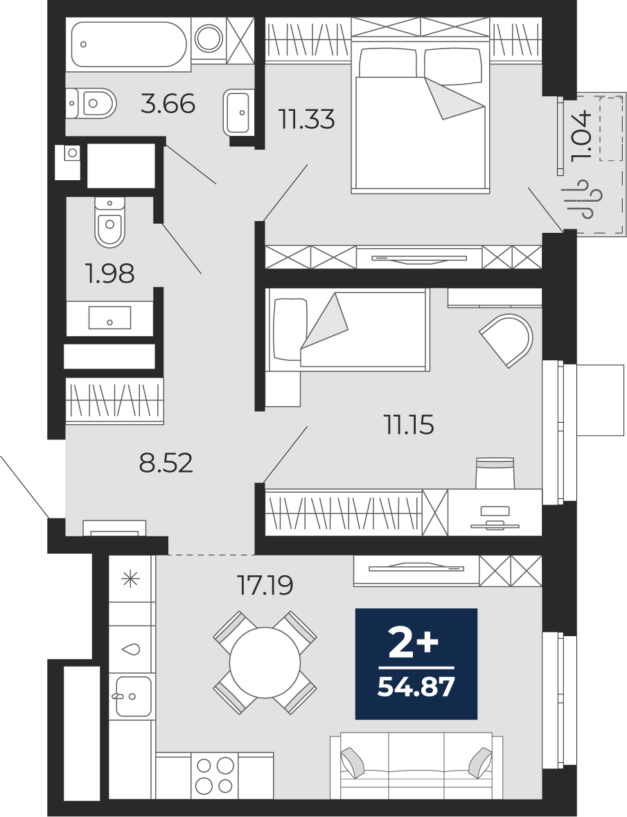 Планировка: Евротрешка 54.9 м² в ЖК Мириады, Мыс