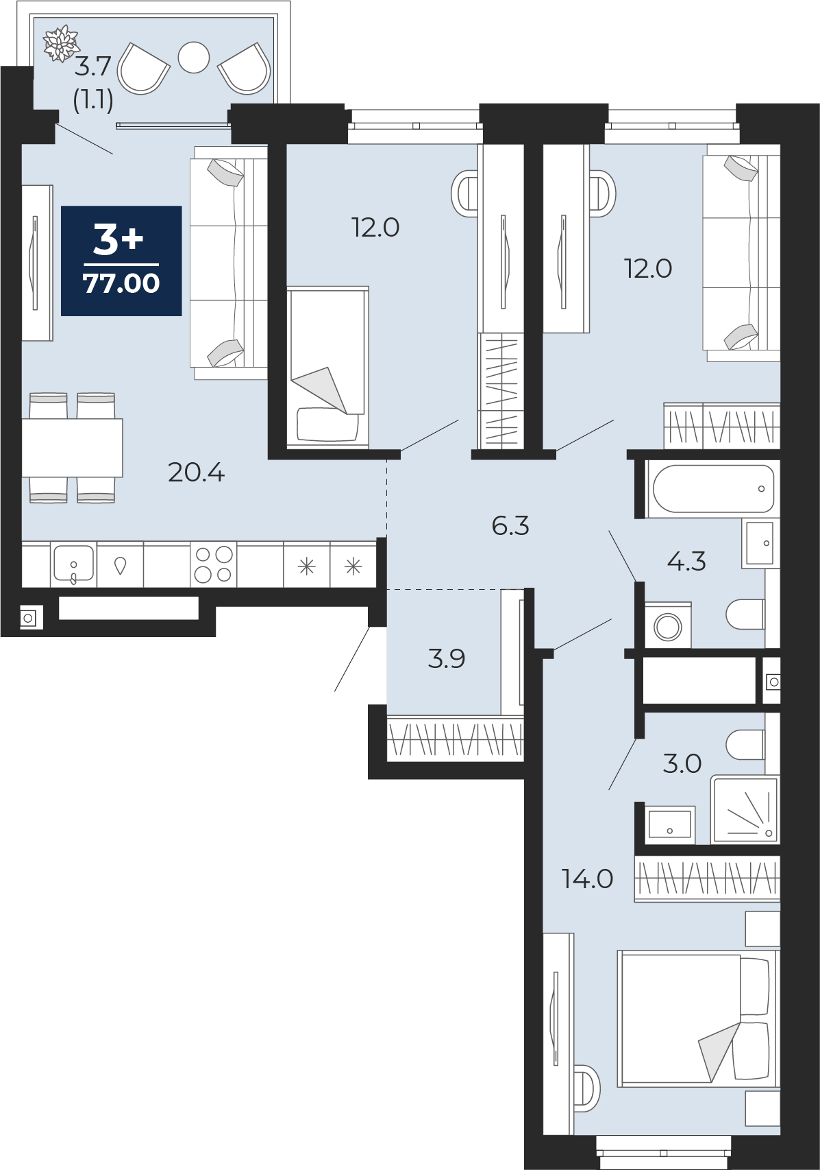 Планировка: 4-комнатная евро 79.6 м² в ЖК Мириады, Мыс