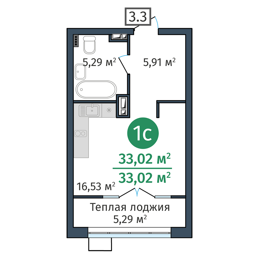 Планировка: Студия 33 м² в ЖК DOK, ДОК