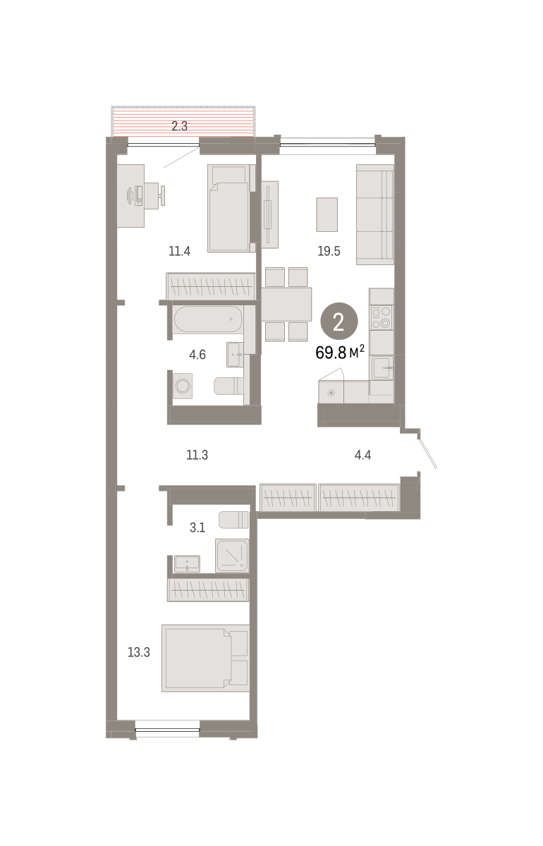 Планировка: 2-комнатная 69.8 м² в ЖК Октябрьский на Туре, ДОК