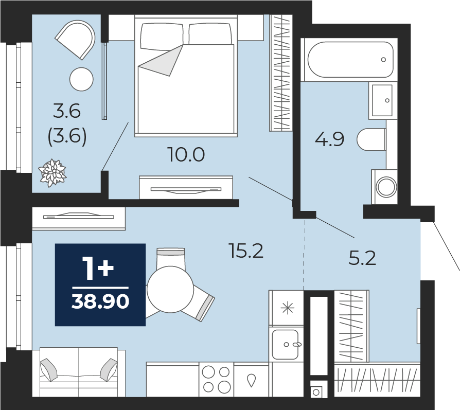 Планировка: Евродвушка 38.9 м² в ЖК Мириады, Мыс