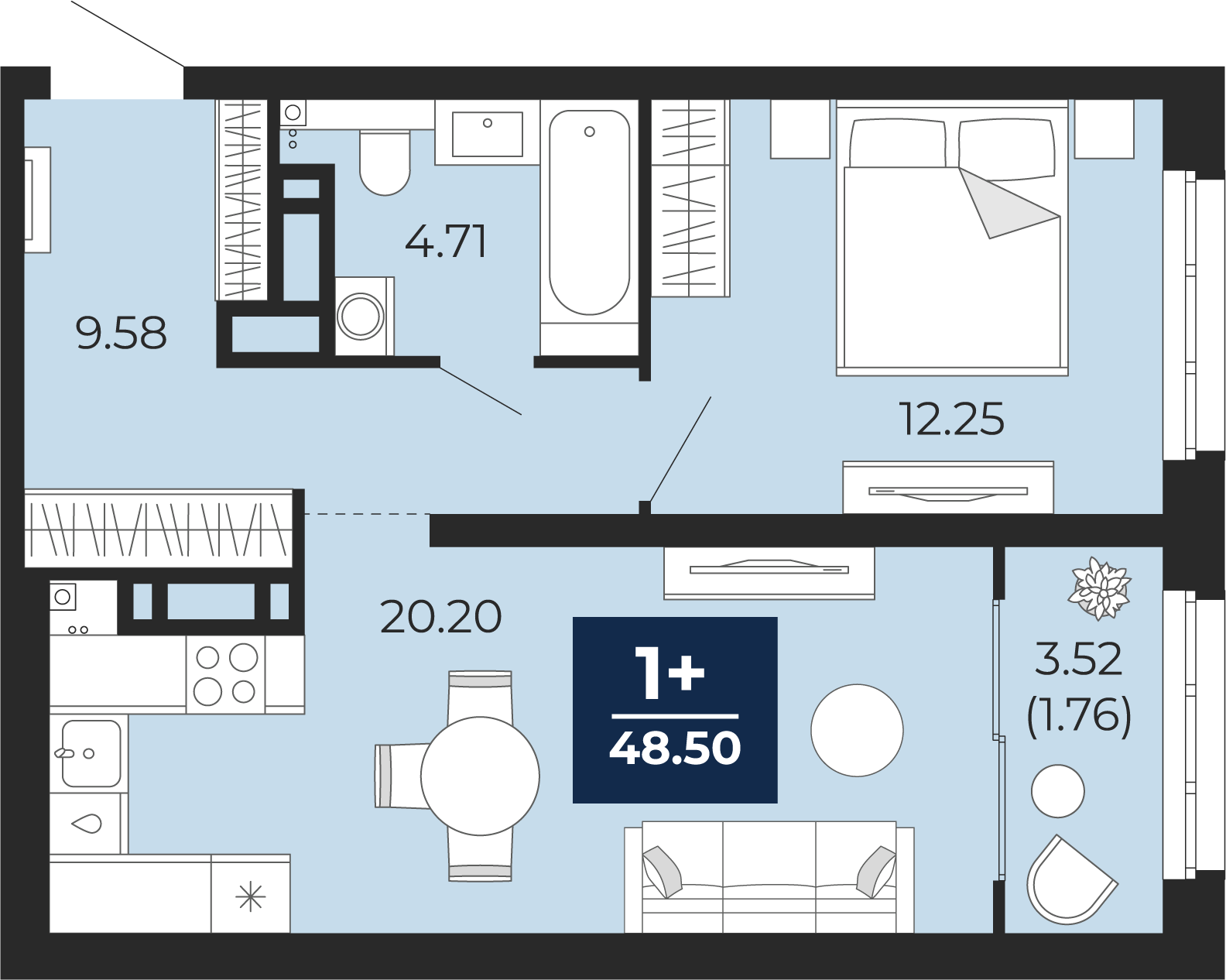 Планировка: Евродвушка 50.3 м² в ЖК Прео, Тюменская слобода