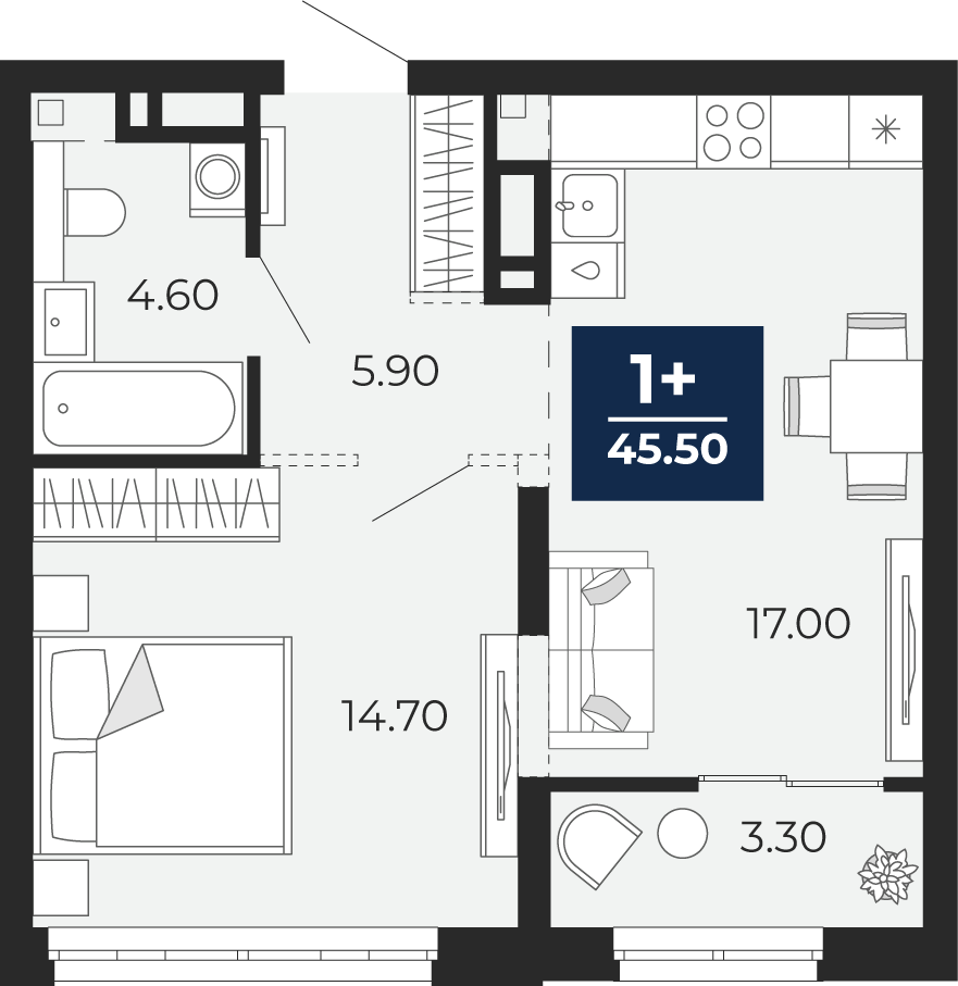 Планировка: Евродвушка 45.5 м² в ЖК Айвазовский, 5-й Заречный