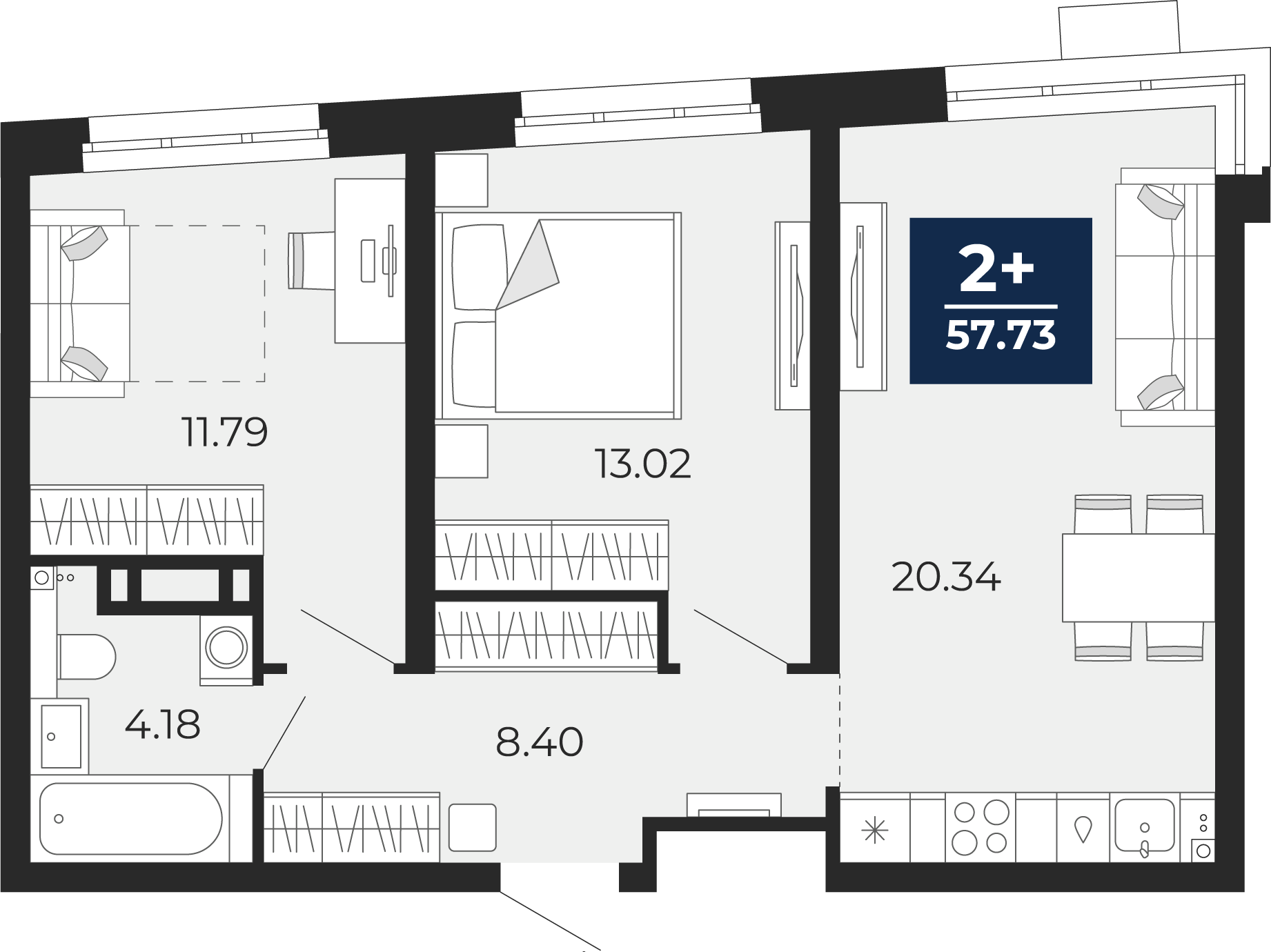 Планировка: Евротрешка 57.7 м² в ЖК Прео, Тюменская слобода