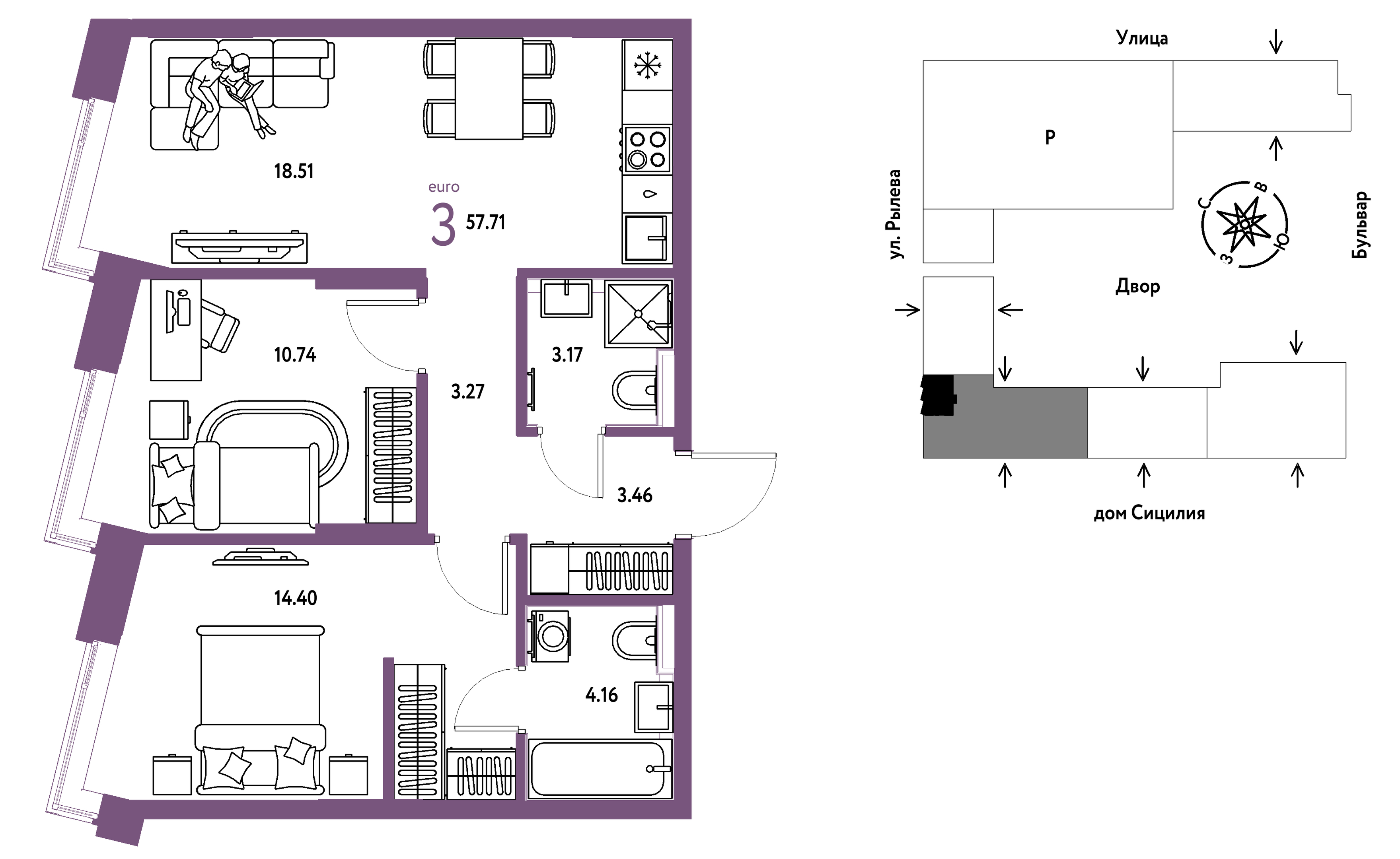 Планировка: Евротрешка 57.7 м² в ЖК Остров-сад, ДОК