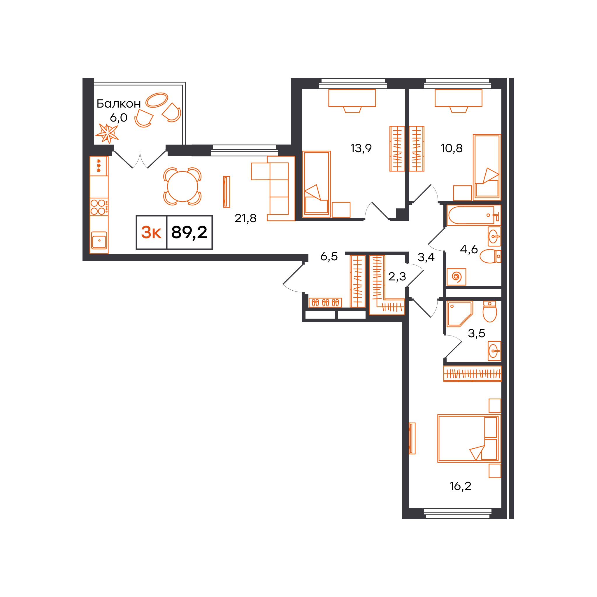 Планировка: 4-комнатная евро 89.2 м² в ЖК Отличие, Комарово Парк