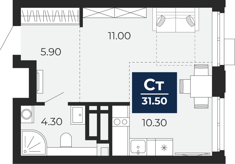 Планировка: Студия 31.5 м² в ЖК Айвазовский, 5-й Заречный