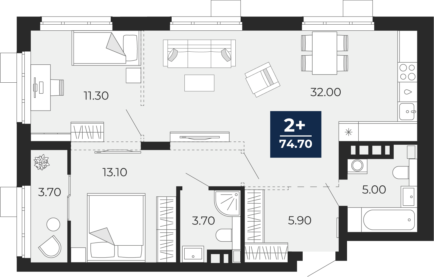 Планировка: Евротрешка 74.7 м² в ЖК Айвазовский, 5-й Заречный