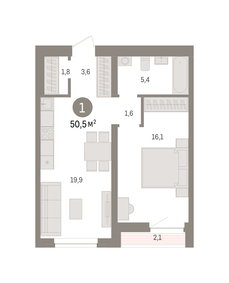 Планировка: Евродвушка 50.6 м² в ЖК Речной порт, Центр: Дом печати