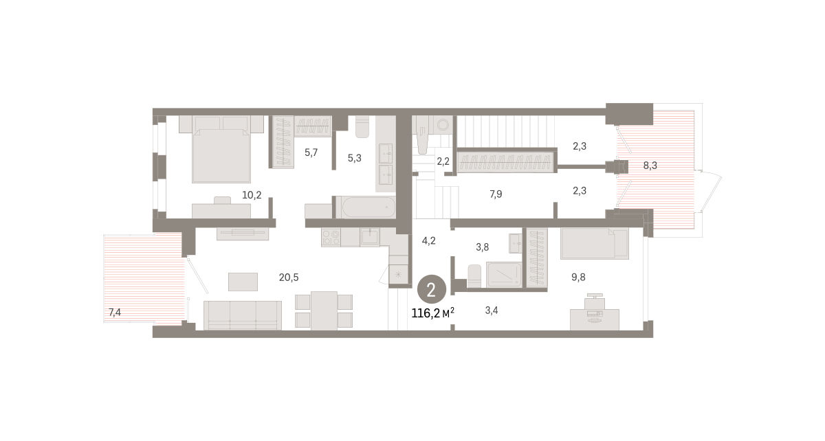 Планировка: Евротрешка 116.2 м² в ЖК Зарека, Заречный