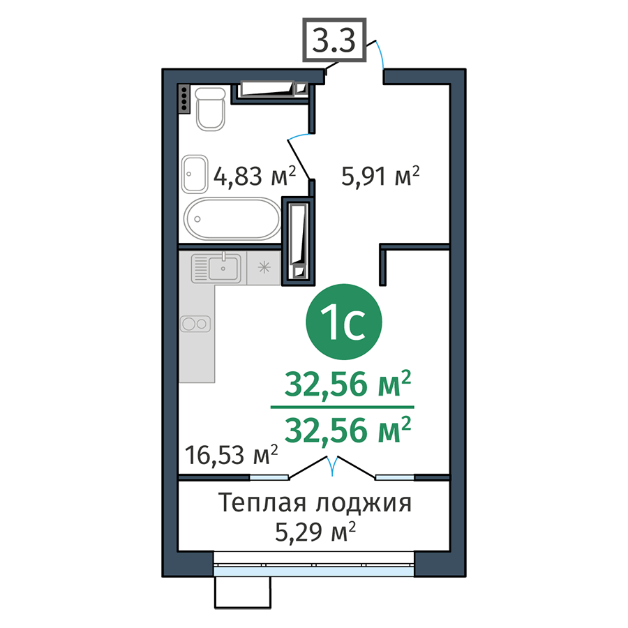 Планировка: Студия 32.6 м² в ЖК DOK, ДОК