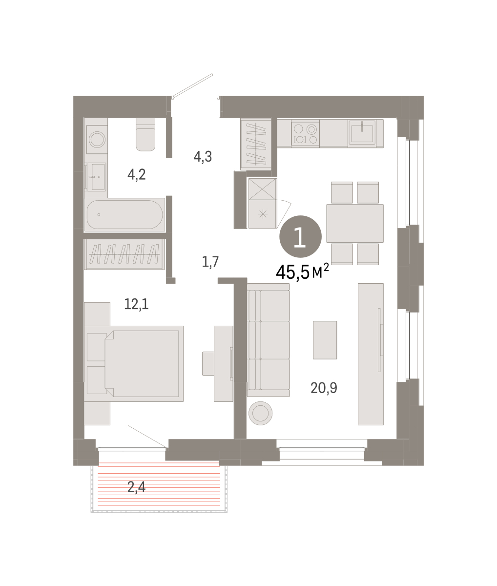 Планировка: 1-комнатная 45.5 м² в ЖК Зарека, Заречный
