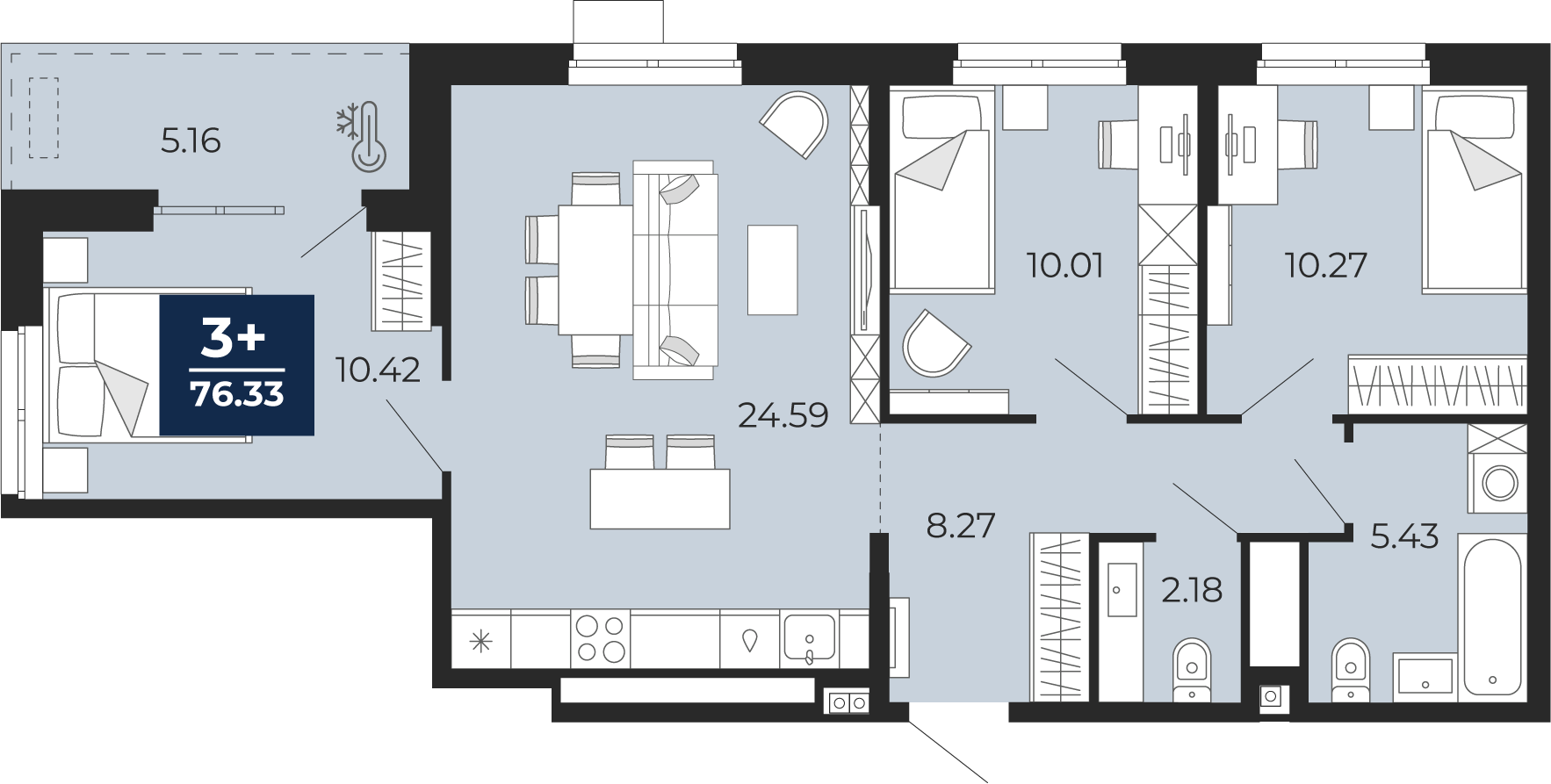 Планировка: 4-комнатная евро 76.3 м² в ЖК Мириады, Мыс