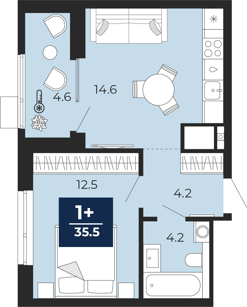 Планировка: Евродвушка 40.7 м² в ЖК Мириады, Мыс