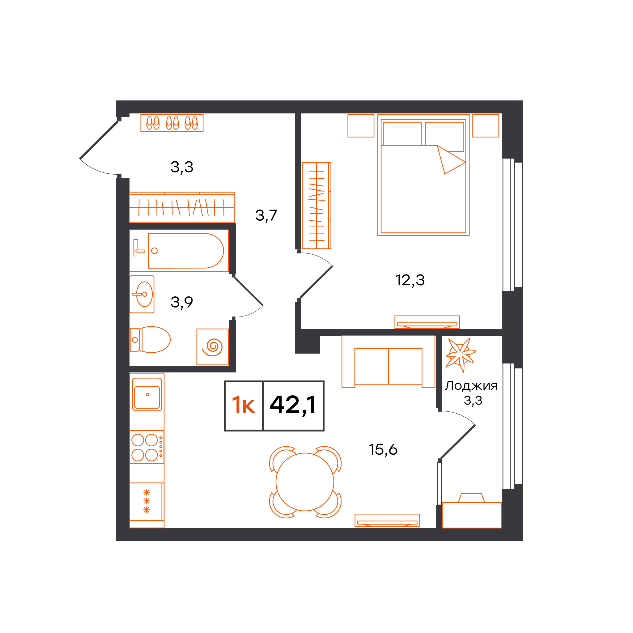 Планировка: Евродвушка 42.1 м² в ЖК Отличие, Комарово Парк