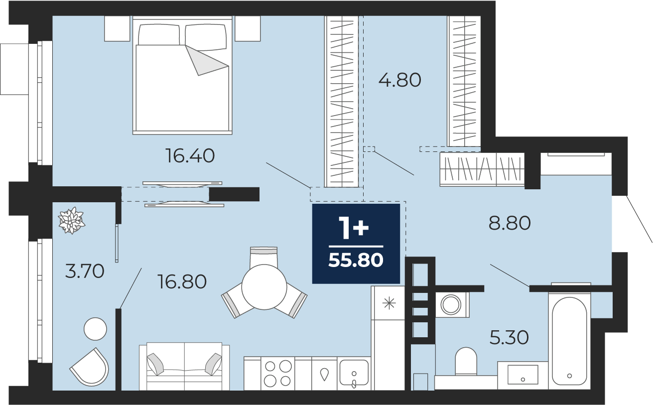 Планировка: Евродвушка 55.8 м² в ЖК Айвазовский, 5-й Заречный