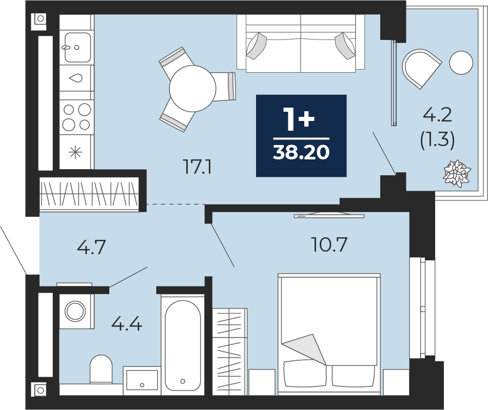 Планировка: Евродвушка 41.1 м² в ЖК Мириады, Мыс