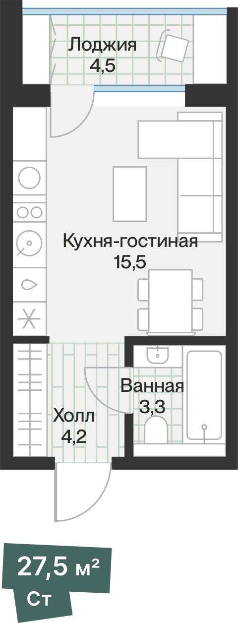 Планировка: Студия 25.2 м² в ЖК Эклипт, Рощино