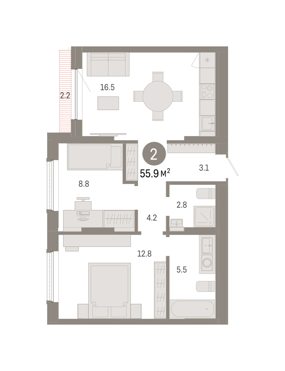 Планировка: Евротрешка 55.9 м² в ЖК Октябрьский на Туре, ДОК