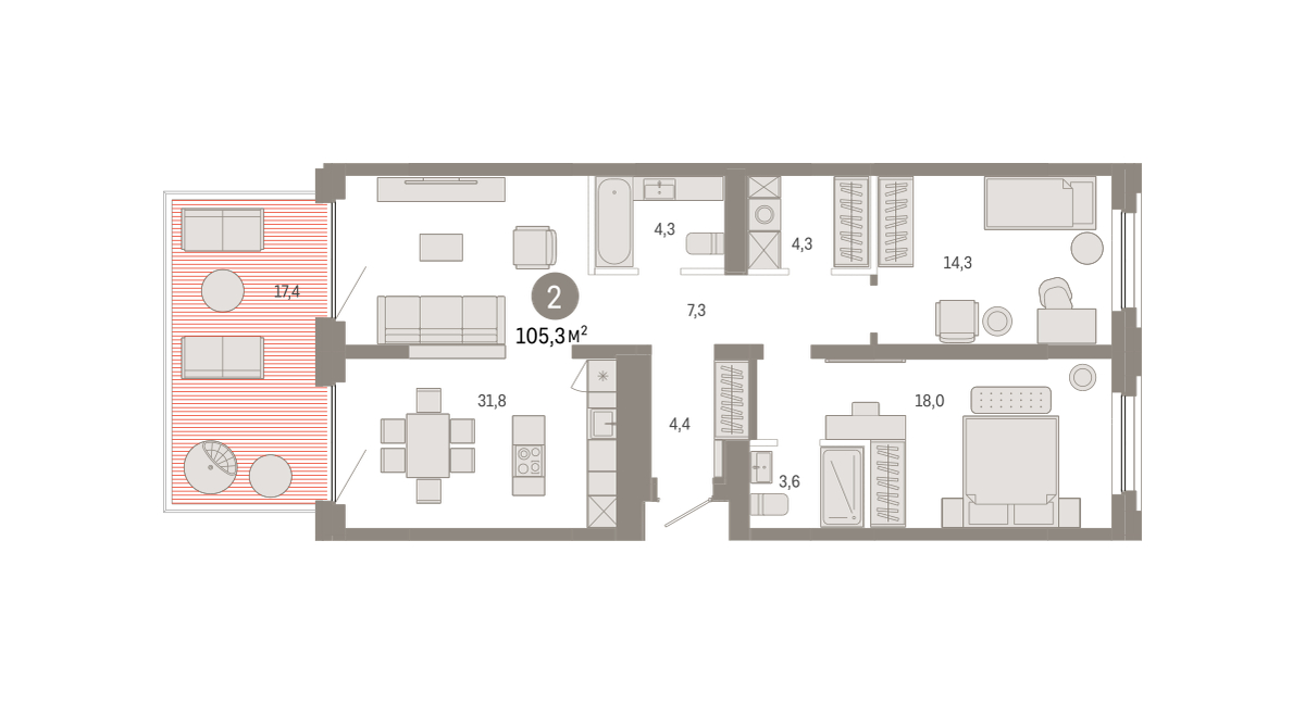 Планировка: 2-комнатная 105.3 м² в ЖК Зарека, Заречный